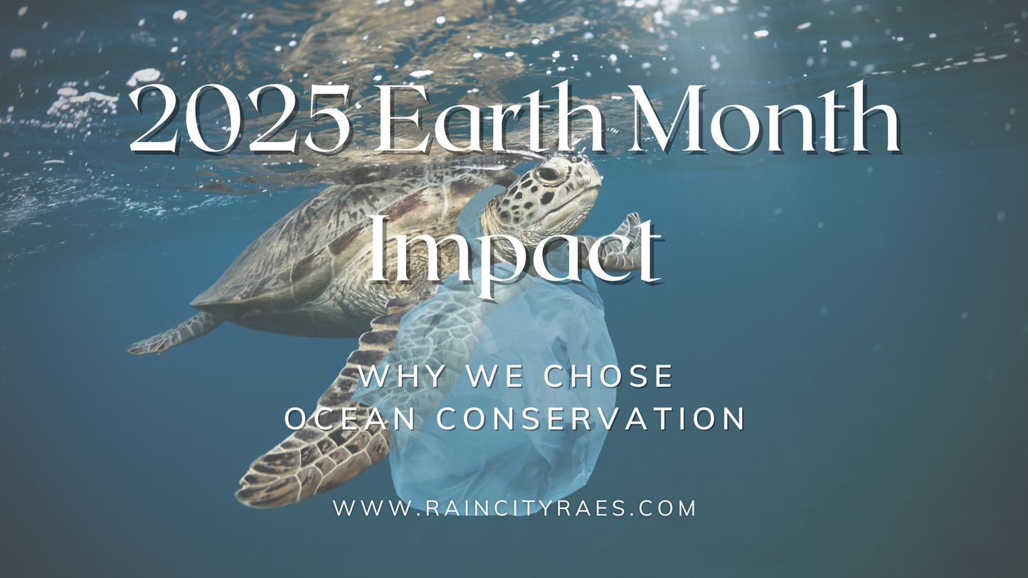 A powerful visual of a sea turtle tangled in plastic underwater, illustrating the urgent need for ocean conservation. Discover why Rain City Rae’s chose to support the Orca Network for Earth Month 2025.