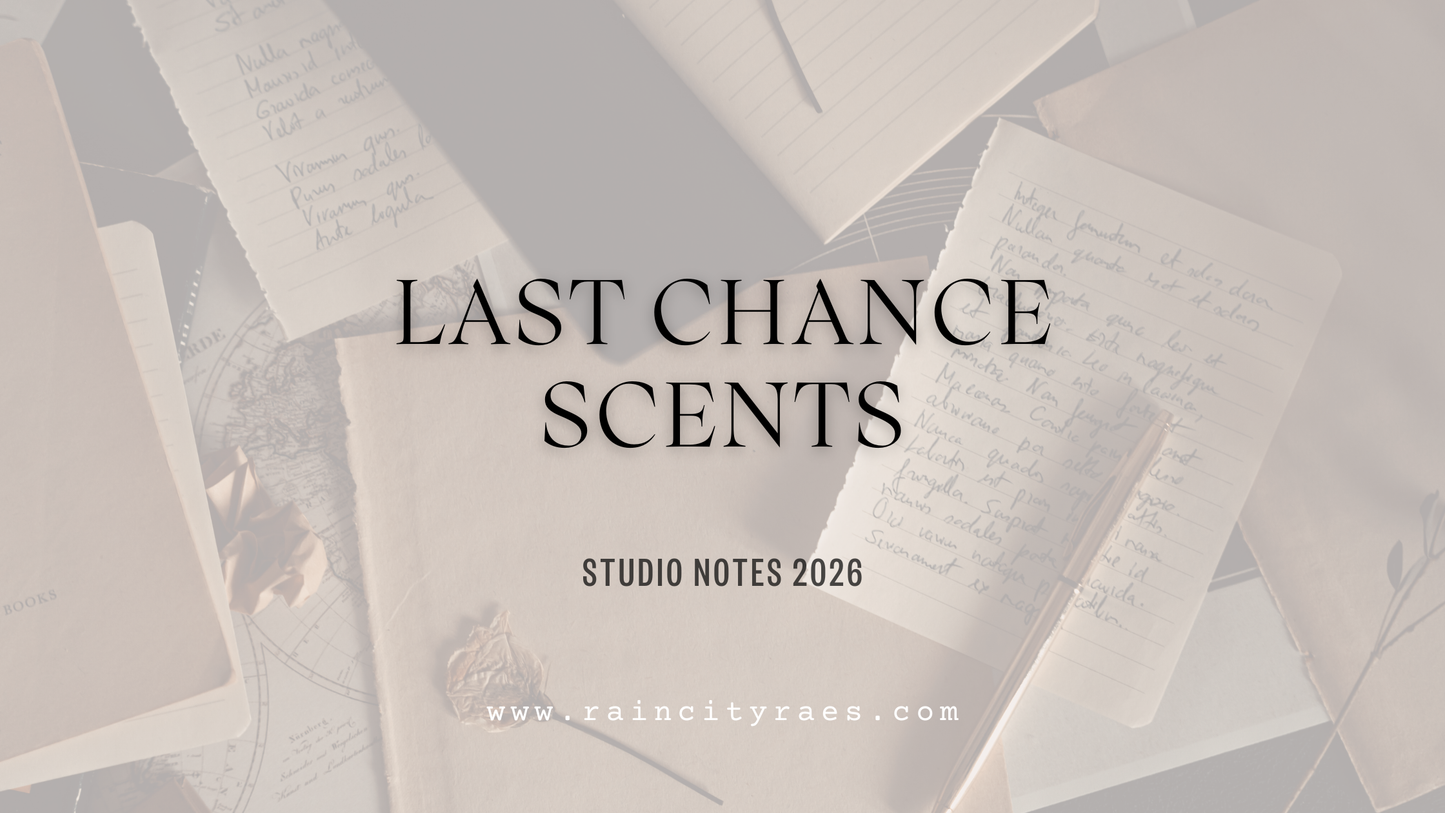 Text overlay "Last chance scents studio update 2026" with journals and dried flowers image