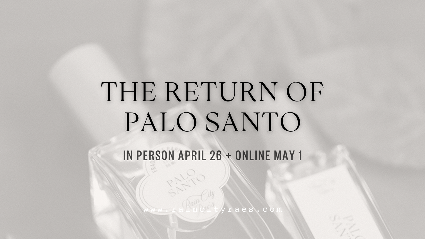 Palo Santo spray perfume black and white image with plant texture; the return of palo santo in person april 26 in tacoma and online may 1