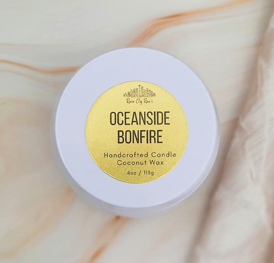 Oceanside Bonfire 4 oz Candle | White Travel Tin